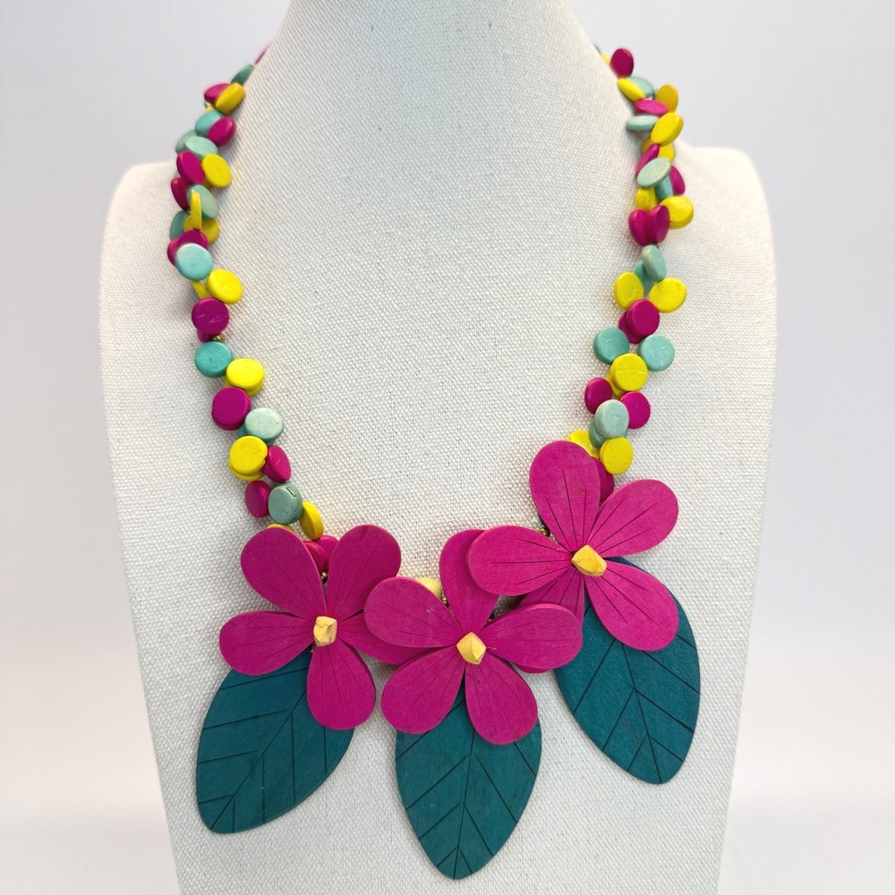 Handmade Wooden Floral Bib Necklace Pink Teal Yellow Tropical Statement Boho